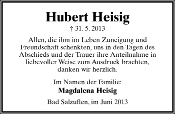 Anzeige  Hubert Heisig  Lippische Landes-Zeitung