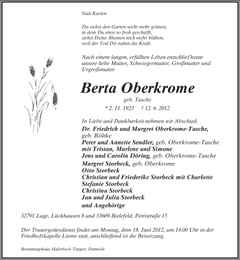 Anzeige  Berta Oberkrome  Lippische Landes-Zeitung