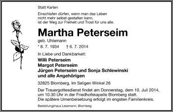 Anzeige  Martha Peterseim  Lippische Landes-Zeitung