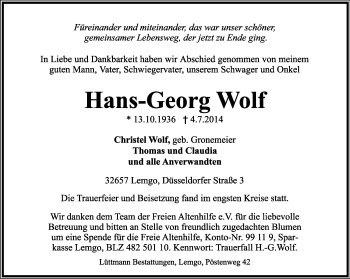 Anzeige  Hans-Georg Wolf  Lippische Landes-Zeitung