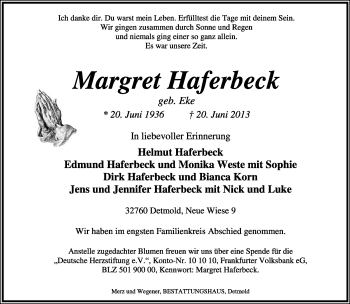 Anzeige  Margret Haferbeck  Lippische Landes-Zeitung