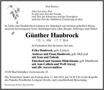 Anzeige  Günter Haubrock  Lippische Landes-Zeitung