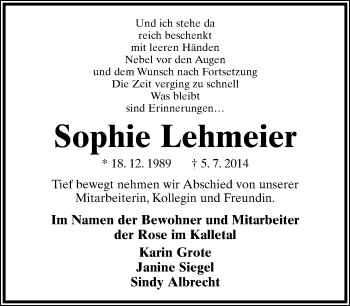 Anzeige  Sophie Lehmeier  Lippische Landes-Zeitung