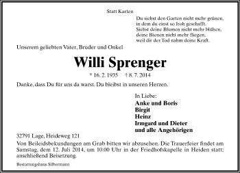 Anzeige  Willi Sprenger  Lippische Landes-Zeitung