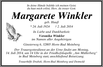 Anzeige  Margarete Winkler  Lippische Landes-Zeitung