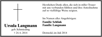Anzeige  Ursula Langmann  Lippische Landes-Zeitung