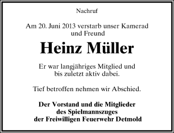 Anzeige  Heinz Müller  Lippische Landes-Zeitung