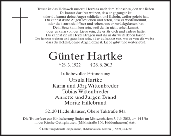 Anzeige  Günter Hartke  Lippische Landes-Zeitung