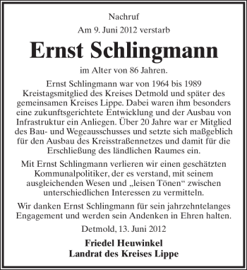 Anzeige  Ernst Schlingmann  Lippische Landes-Zeitung