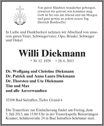Anzeige  Willi Diekmann  Lippische Landes-Zeitung