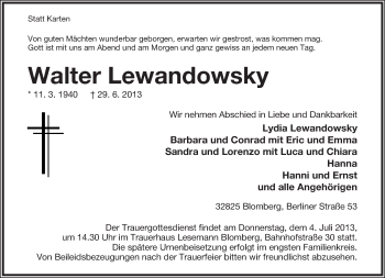 Anzeige  Walter Lewandowsky  Lippische Landes-Zeitung