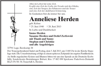 Anzeige  Anneliese Herden  Lippische Landes-Zeitung