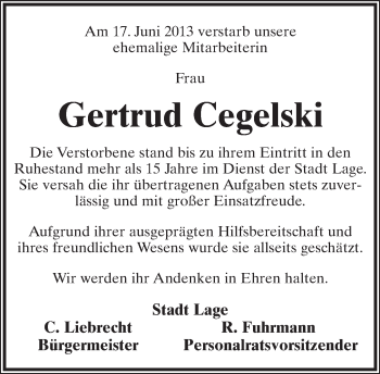 Anzeige  Gertrud Cegelski  Lippische Landes-Zeitung