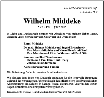 Anzeige  Wilhelm Middeke  Lippische Landes-Zeitung