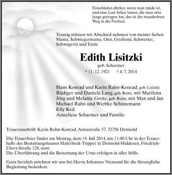 Anzeige  Edith Lisitzki  Lippische Landes-Zeitung
