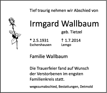 Anzeige  Irmgard Wallbaum  Lippische Landes-Zeitung