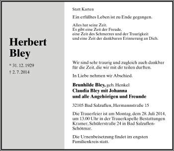 Anzeige  Herbert Bley  Lippische Landes-Zeitung