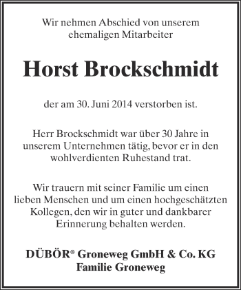 Anzeige  Horst Brockschmidt  Lippische Landes-Zeitung