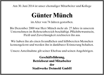 Anzeige  Günter Münch  Lippische Landes-Zeitung