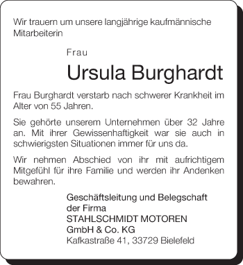Anzeige  Ursula Burghardt  Lippische Landes-Zeitung