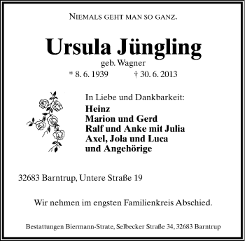 Anzeige  Ursula Jüngling  Lippische Landes-Zeitung