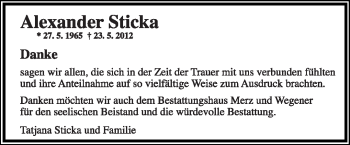Anzeige  Alexander Sticka  Lippische Landes-Zeitung