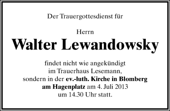 Anzeige  Walter Lewandowsky  Lippische Landes-Zeitung