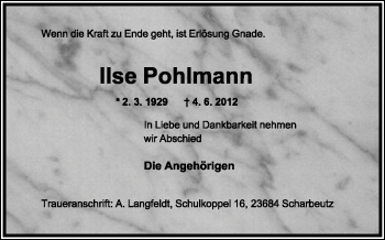Anzeige  Ilse Pohlmann  Lippische Landes-Zeitung