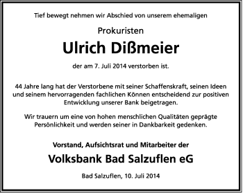 Anzeige  Ulrich Dißmeier  Lippische Landes-Zeitung