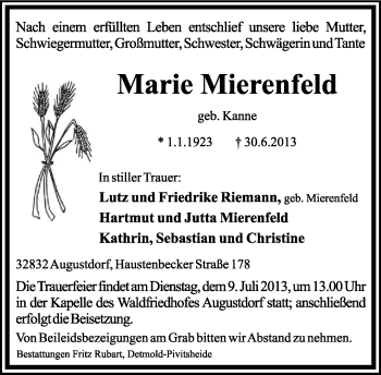 Anzeige  Marie Mierenfeld  Lippische Landes-Zeitung