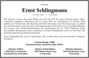 Anzeige  Ernst Schlingmann  Lippische Landes-Zeitung