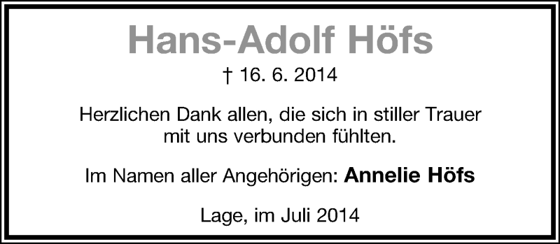  Traueranzeige für Hans-Adolf Höfs vom 12.07.2014 aus Lippische Landes-Zeitung