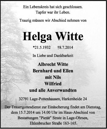 Anzeige  Helga Witte  Lippische Landes-Zeitung