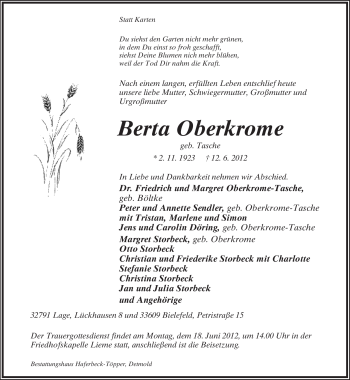 Anzeige  Berta Oberkrome  Lippische Landes-Zeitung