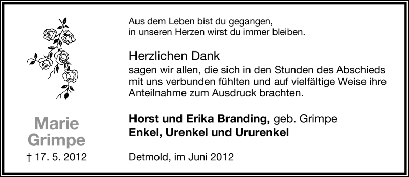  Traueranzeige für Marie Grimpe vom 16.06.2012 aus Lippische Landes-Zeitung