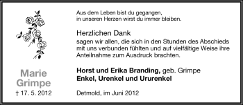 Anzeige  Marie Grimpe  Lippische Landes-Zeitung