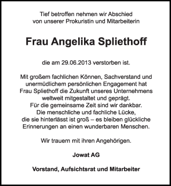 Anzeige  Angelika Spliethoff  Lippische Landes-Zeitung