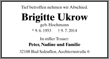 Anzeige  Brigitte Ukrow  Lippische Landes-Zeitung