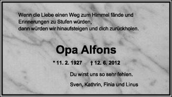 Anzeige  Opa Alfons   Lippische Landes-Zeitung