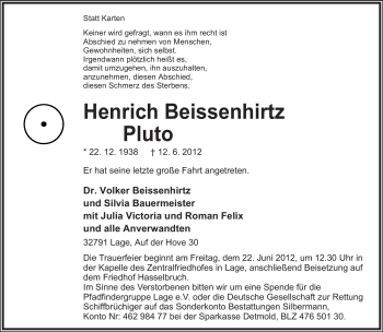 Anzeige  Henrich Beissenhirtz  Lippische Landes-Zeitung