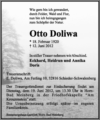 Anzeige  Otto Doliwa  Lippische Landes-Zeitung