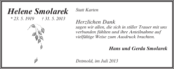 Anzeige  Helene Smolarek  Lippische Landes-Zeitung