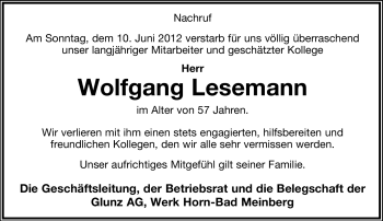Anzeige  Wolfgang Lesemann  Lippische Landes-Zeitung