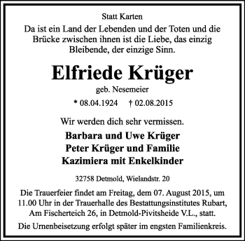 Anzeige  Elfriede Krüger  Lippische Landes-Zeitung