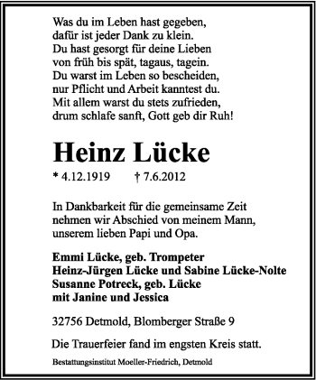 Anzeige  Heinz Lücke  Lippische Landes-Zeitung