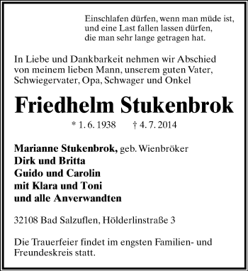 Anzeige  Friedhelm Stukenbrok  Lippische Landes-Zeitung
