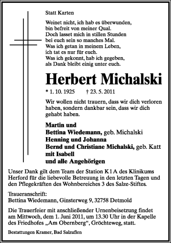 Anzeige  Herbert Michalski  Lippische Landes-Zeitung