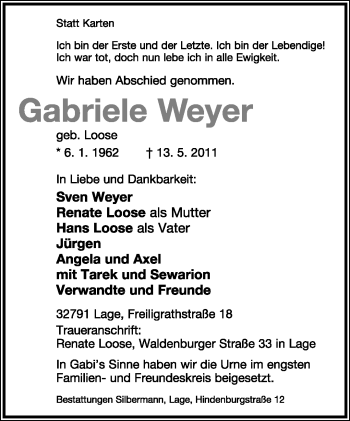 Anzeige  Gabriele Weyer  Lippische Landes-Zeitung