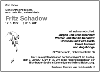 Anzeige  Fritz Schadow  Lippische Landes-Zeitung