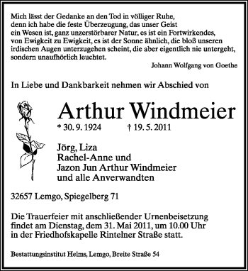 Anzeige  Arthur Windmeier  Lippische Landes-Zeitung
